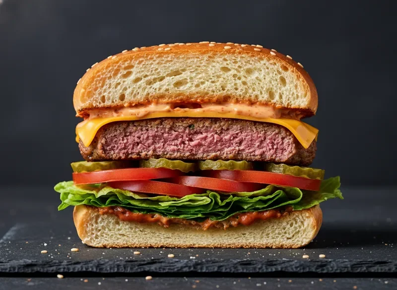 חתך של המבורגר טבעוני — שכבות של טעם