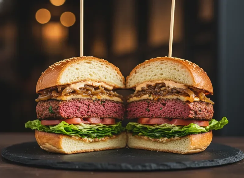 המבורגר טבעוני שף מוגמר עם שכבות צבעוניות